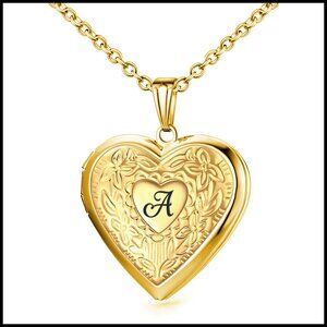 Heart Locket Necklace Holds Pictures Initial Letter Photo Memory Pendant Gift